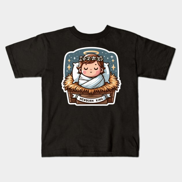 Newborn King Jesus Christ sleeping in the manger Kids T-Shirt by Plushism